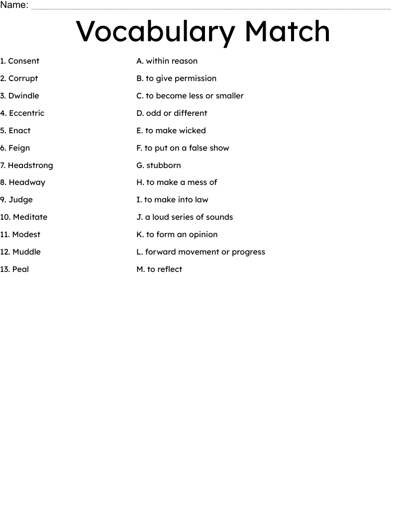 Vocabulary Match  Worksheet
