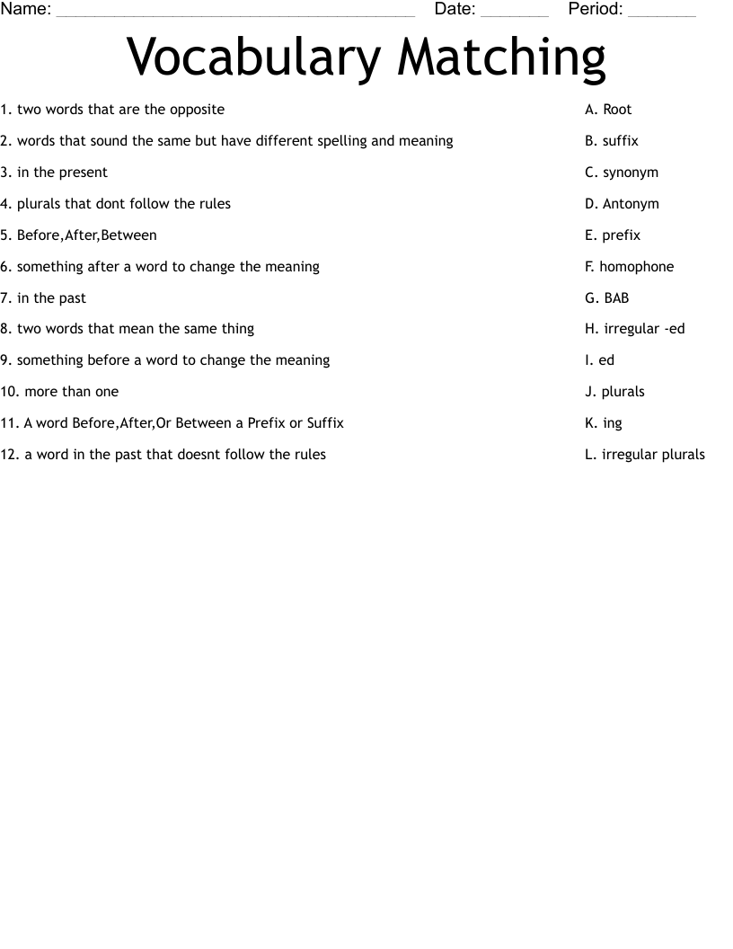 Vocabulary Matching Worksheet