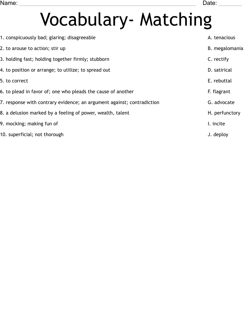Vocabulary- Matching Worksheet