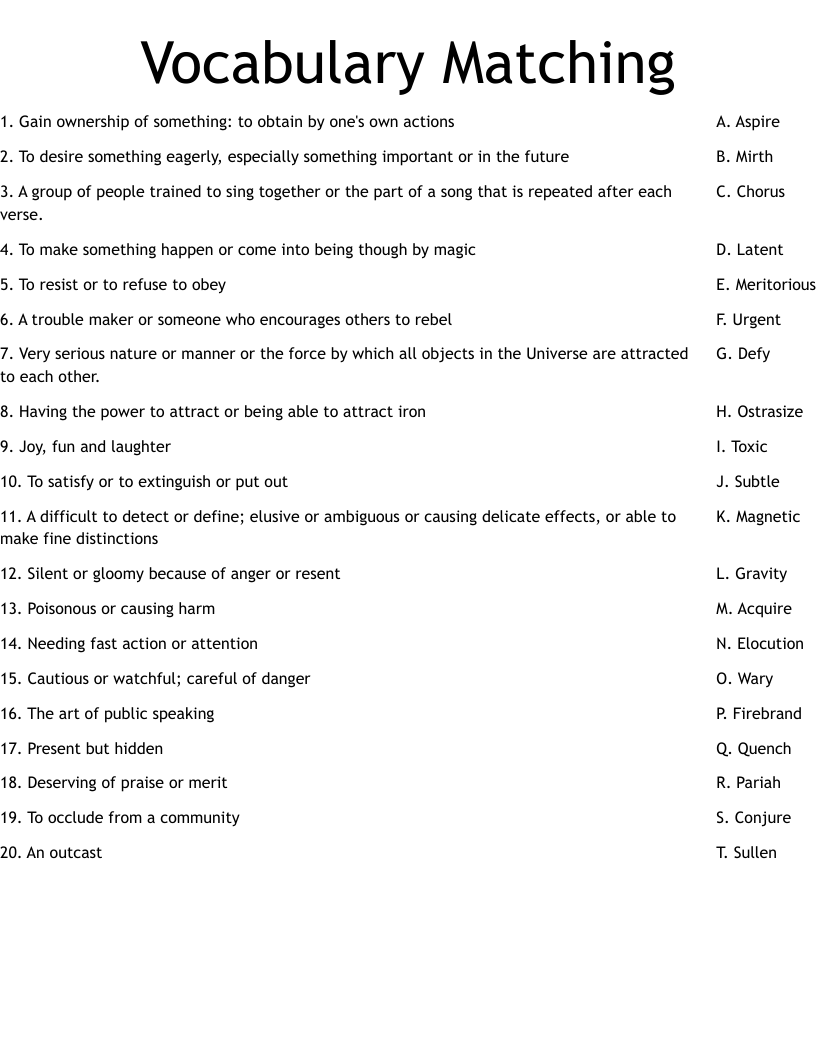 Vocabulary Matching Worksheet