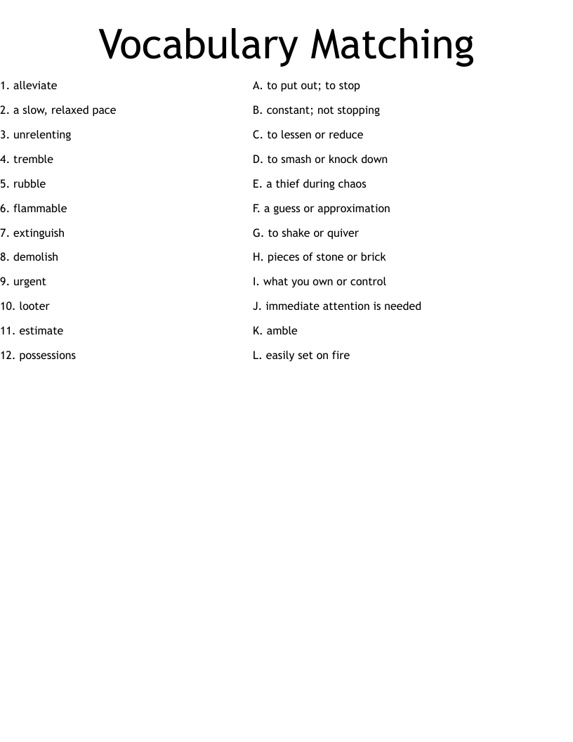 Vocabulary Matching  Worksheet