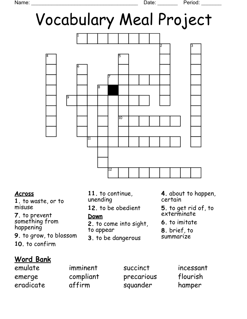 Vocabulary Meal Project Crossword