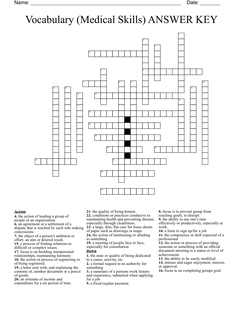 Vocabulary (Medical Skills) ANSWER KEY Crossword