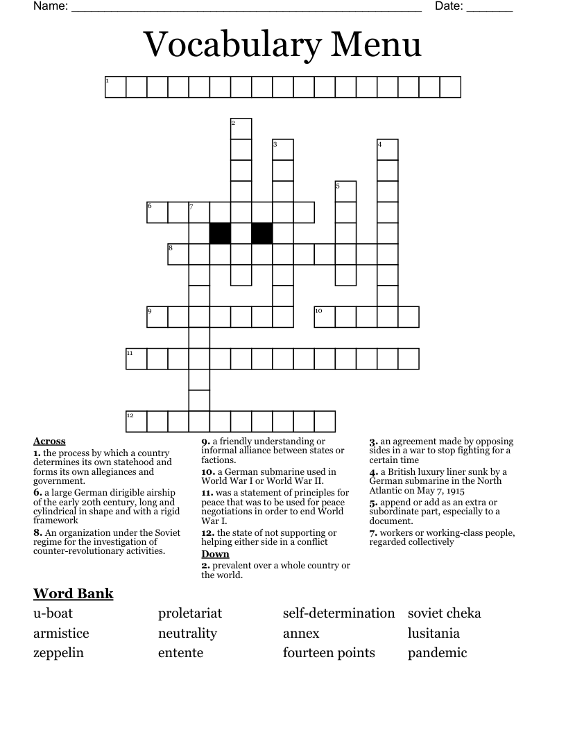 Vocabulary Menu Crossword