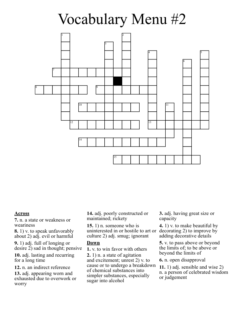 Vocabulary Menu #2 Crossword