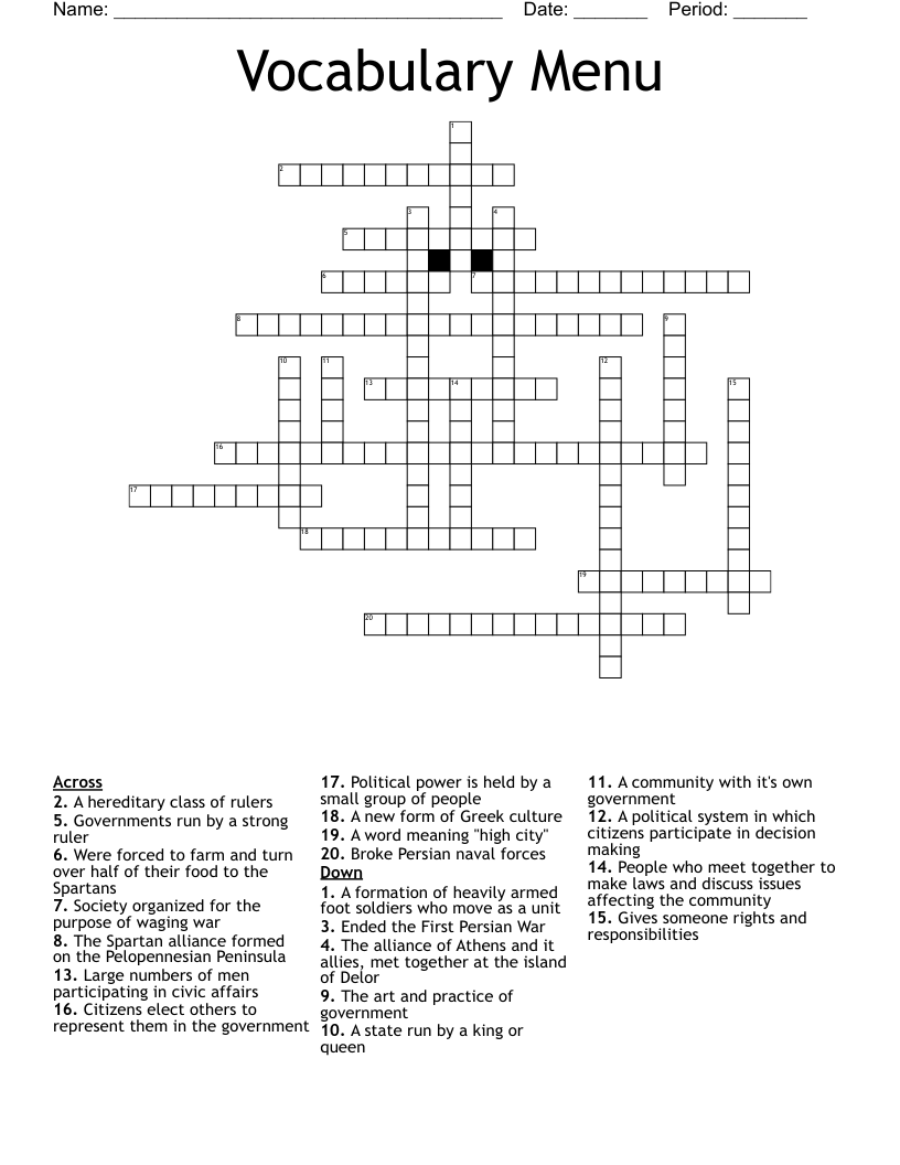 Vocabulary Menu Crossword