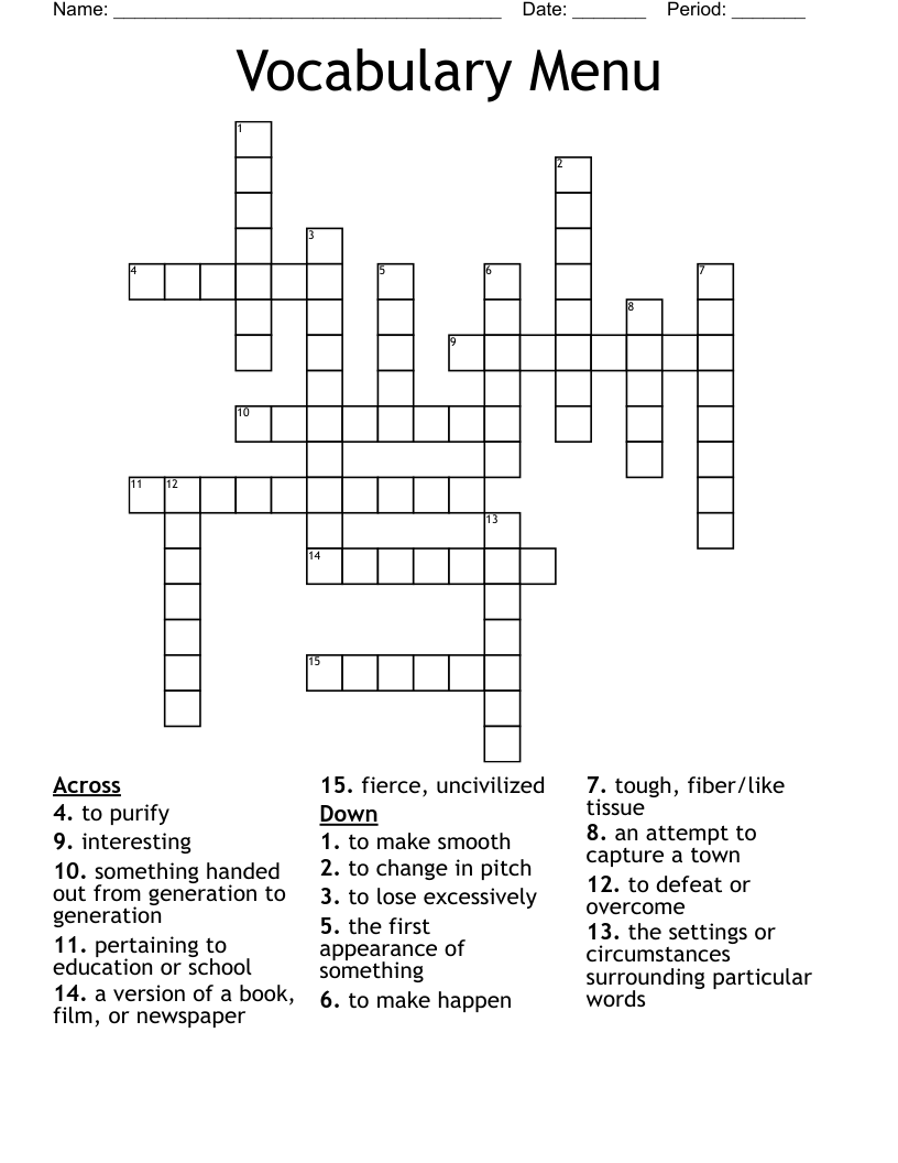 Vocabulary Menu Crossword
