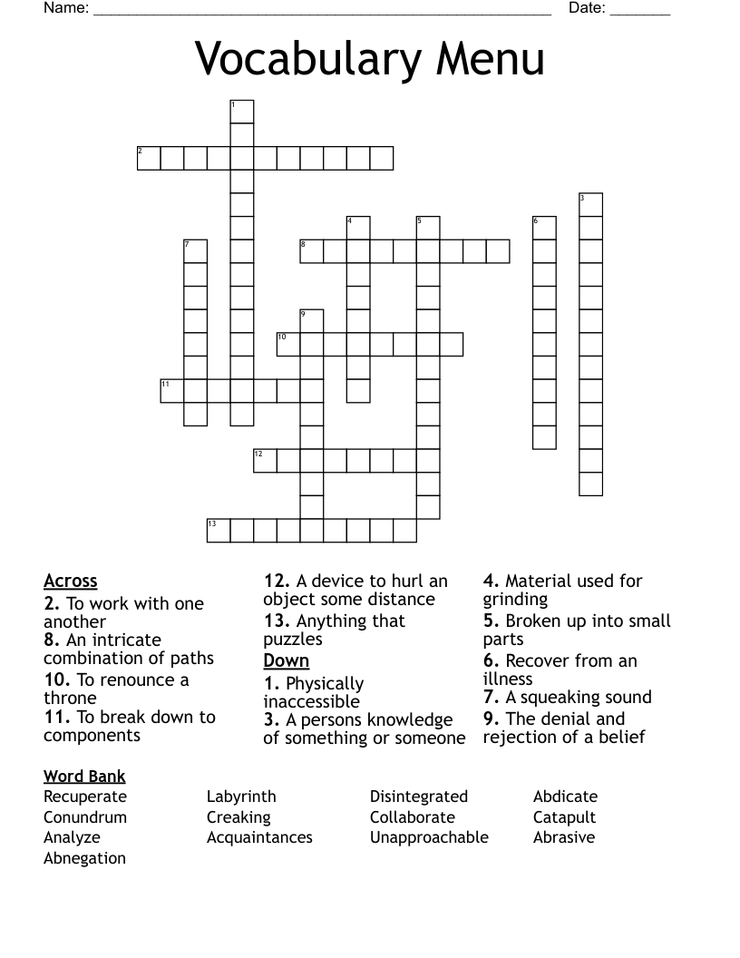 Vocabulary Menu Crossword