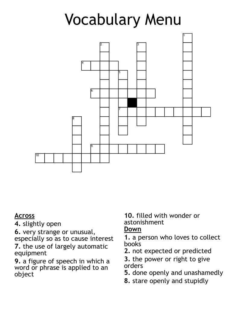 Vocabulary Menu Crossword