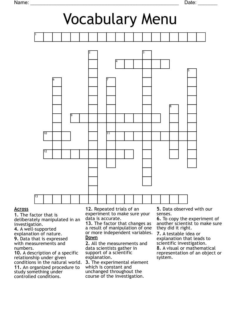 Vocabulary Menu Crossword