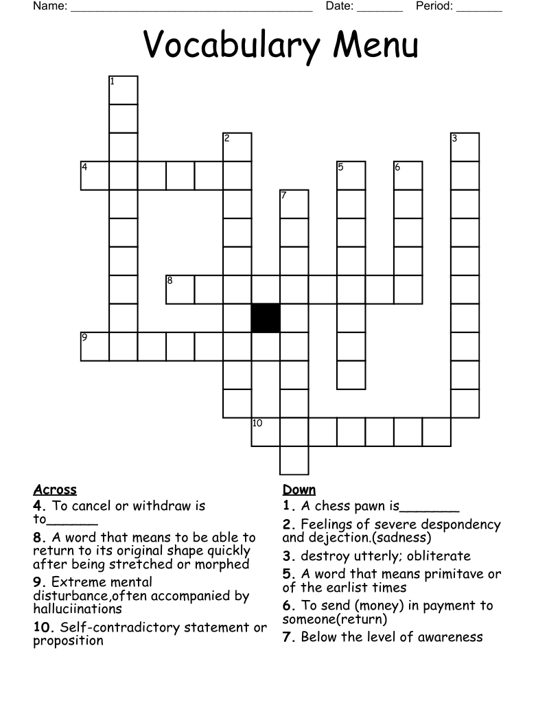 Vocabulary Menu Crossword