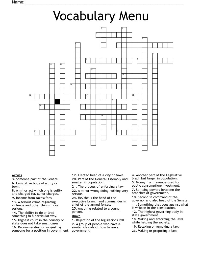 Vocabulary Menu Crossword