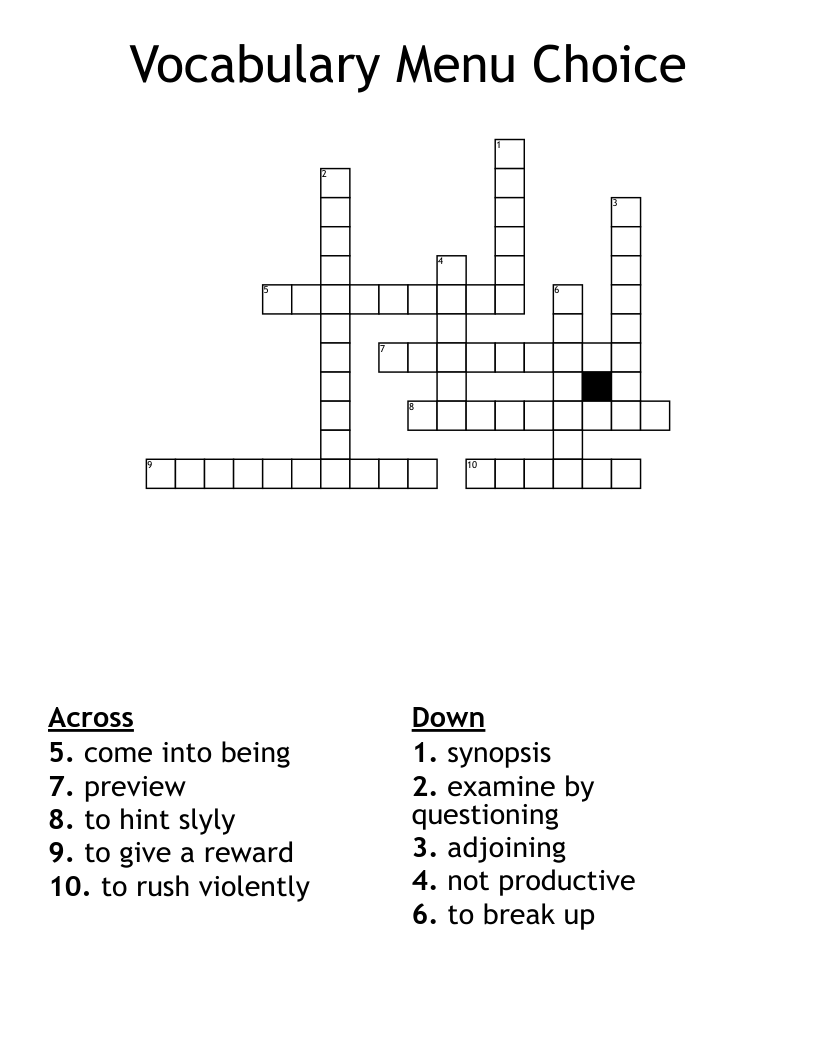 Vocabulary Menu Choice Crossword