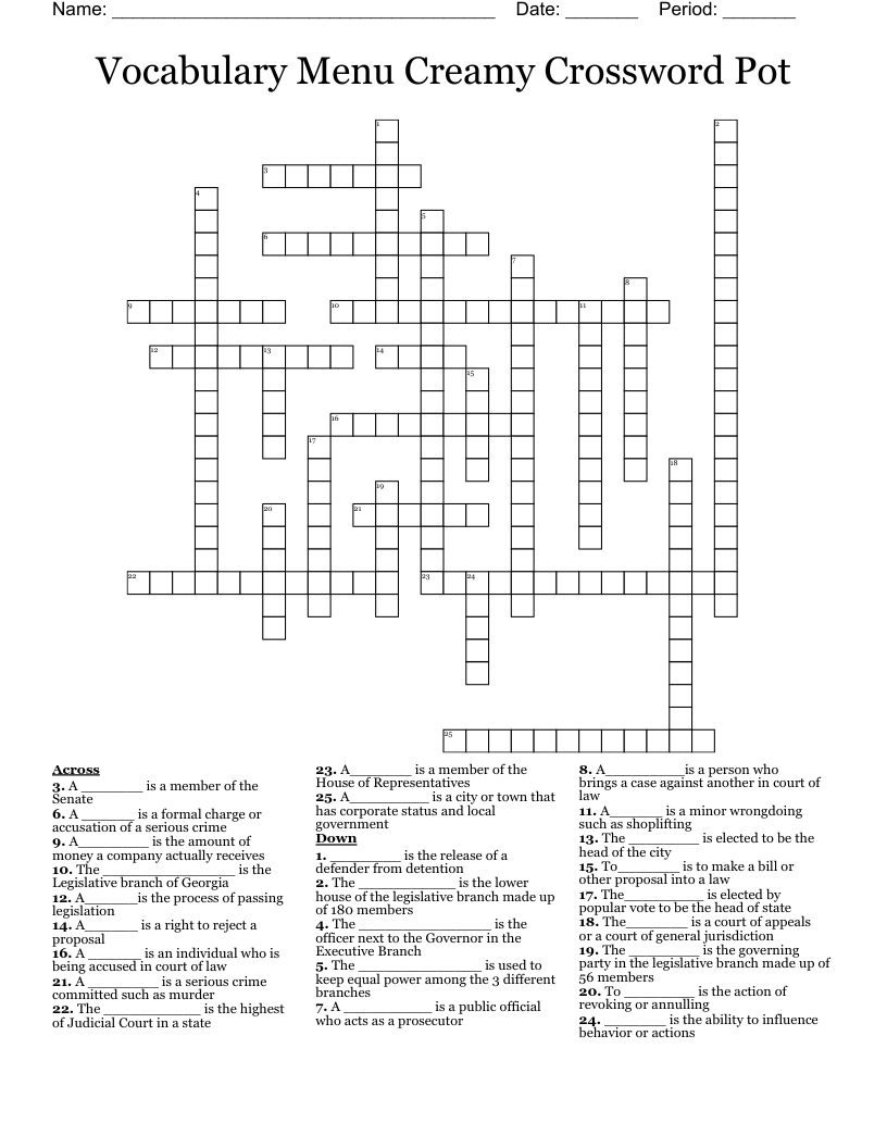 Vocabulary Menu Creamy Crossword Pot 