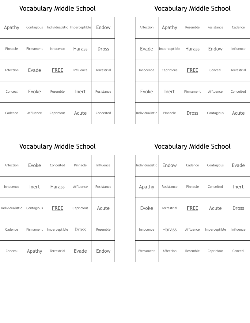 Vocabulary Middle School  Bingo Cards