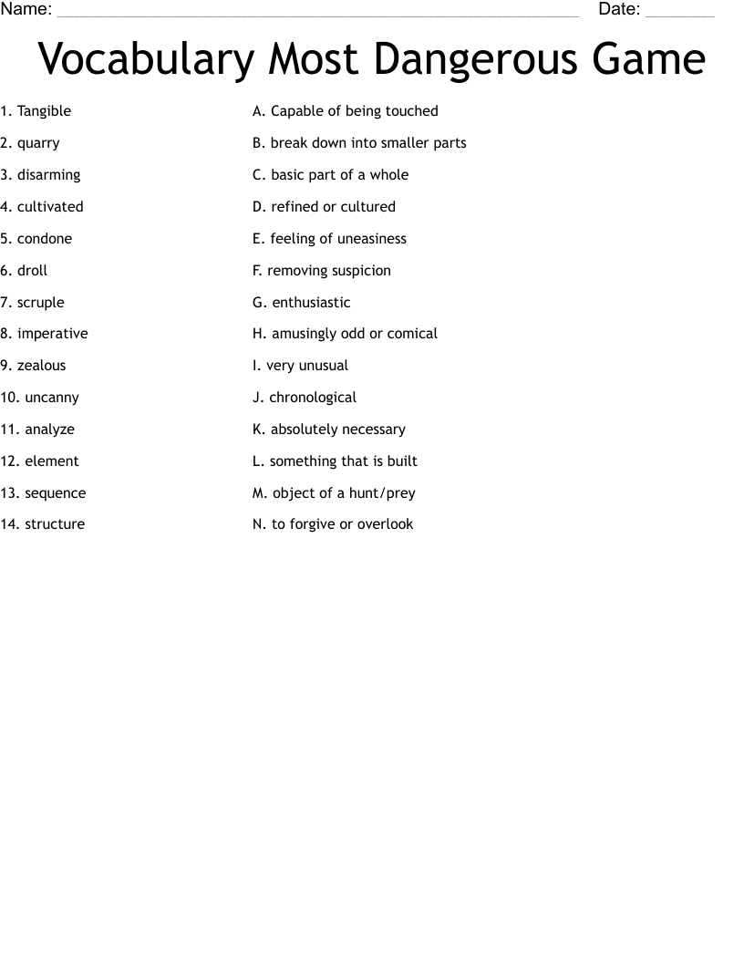 Vocabulary Most Dangerous Game Worksheet