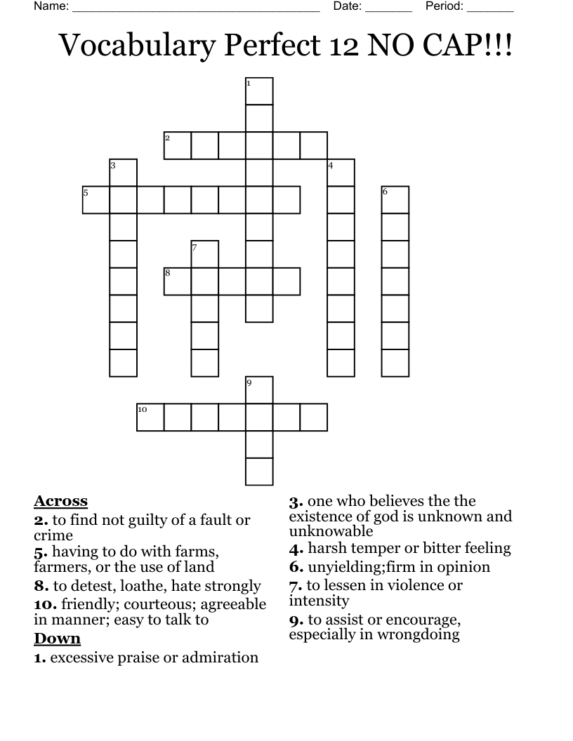 Vocabulary Perfect 12 NO CAP!!! Crossword