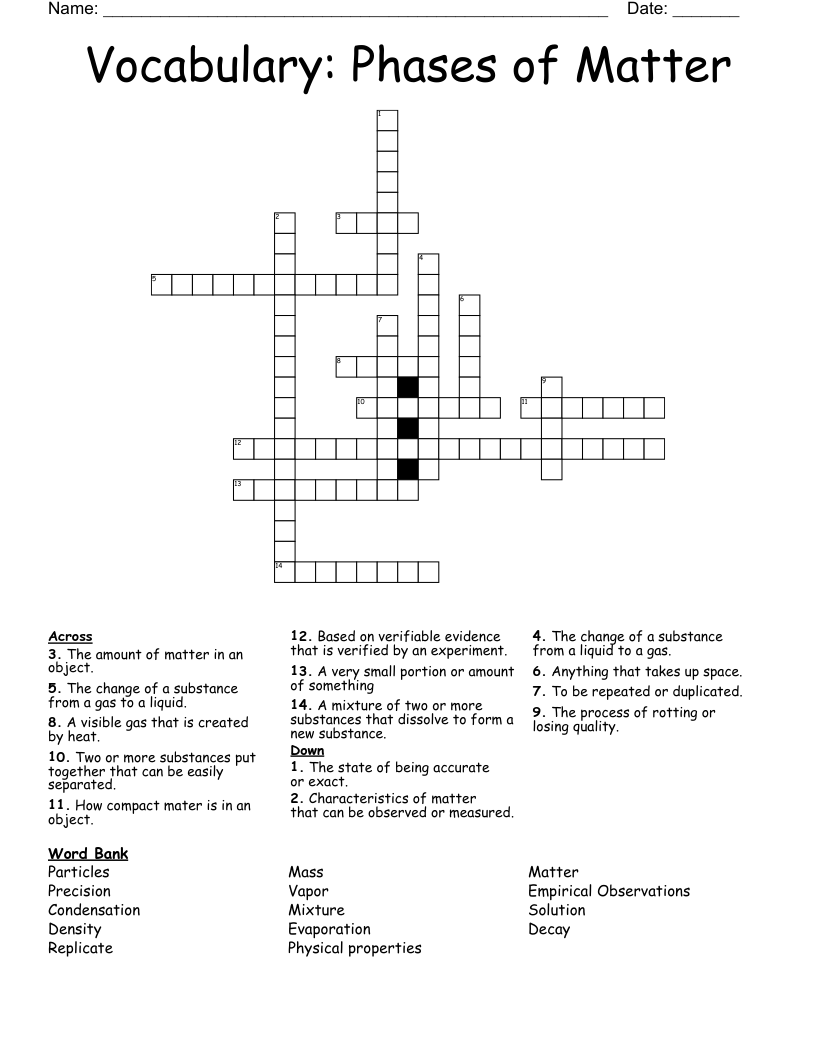 Vocabulary: Phases of Matter Crossword