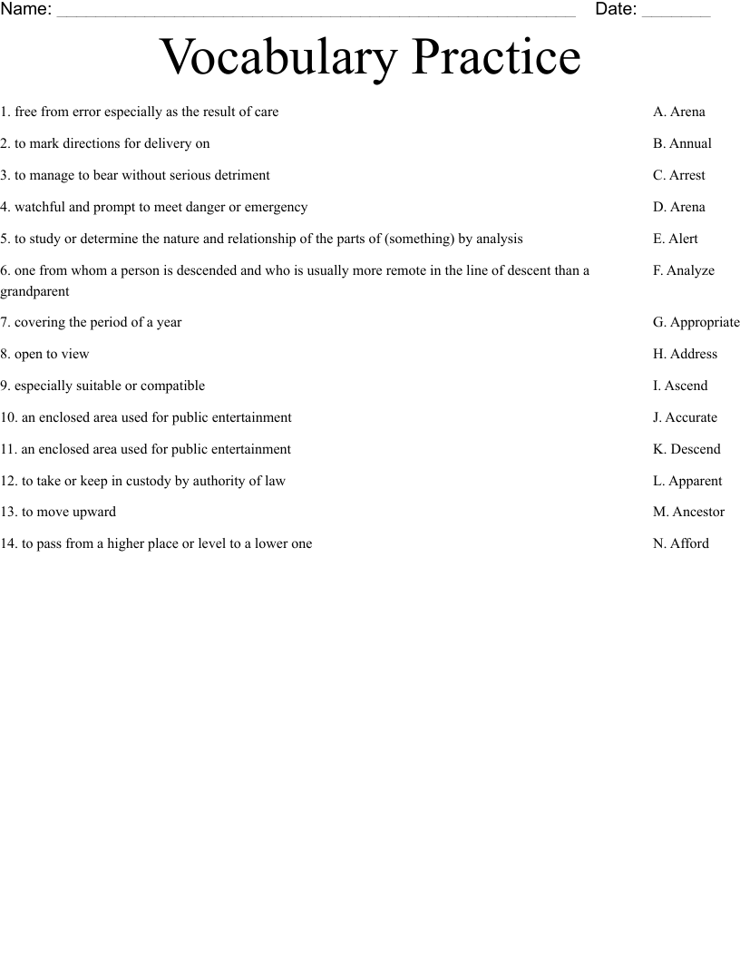 Vocabulary Practice Worksheet