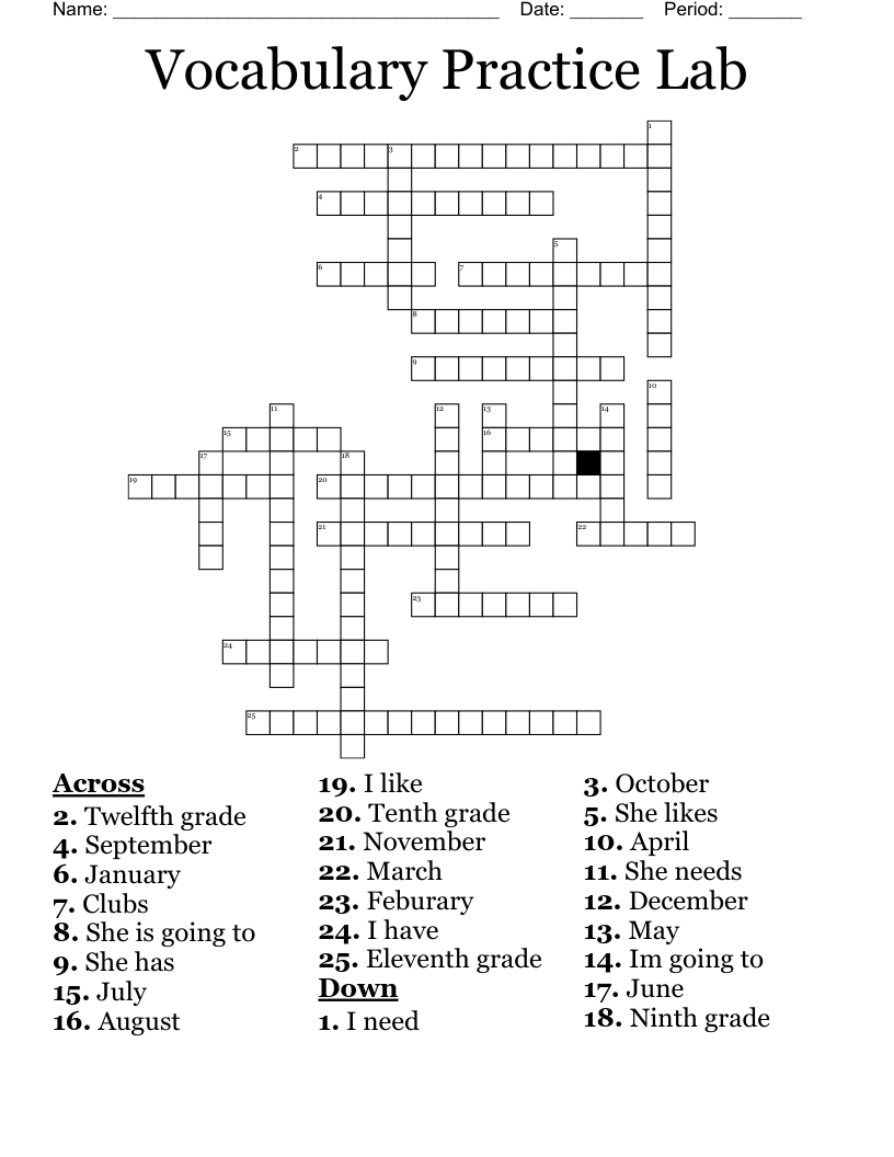 Vocabulary Practice Lab Crossword