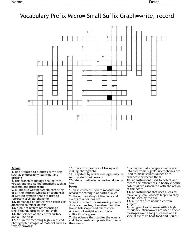Vocabulary Prefix Micro= Small Suffix Graph=write, record Crossword