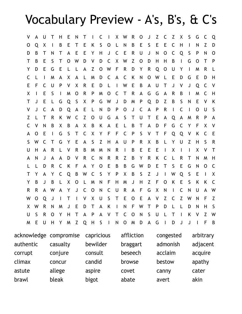 Vocabulary Preview - A's, B's, & C's Word Search