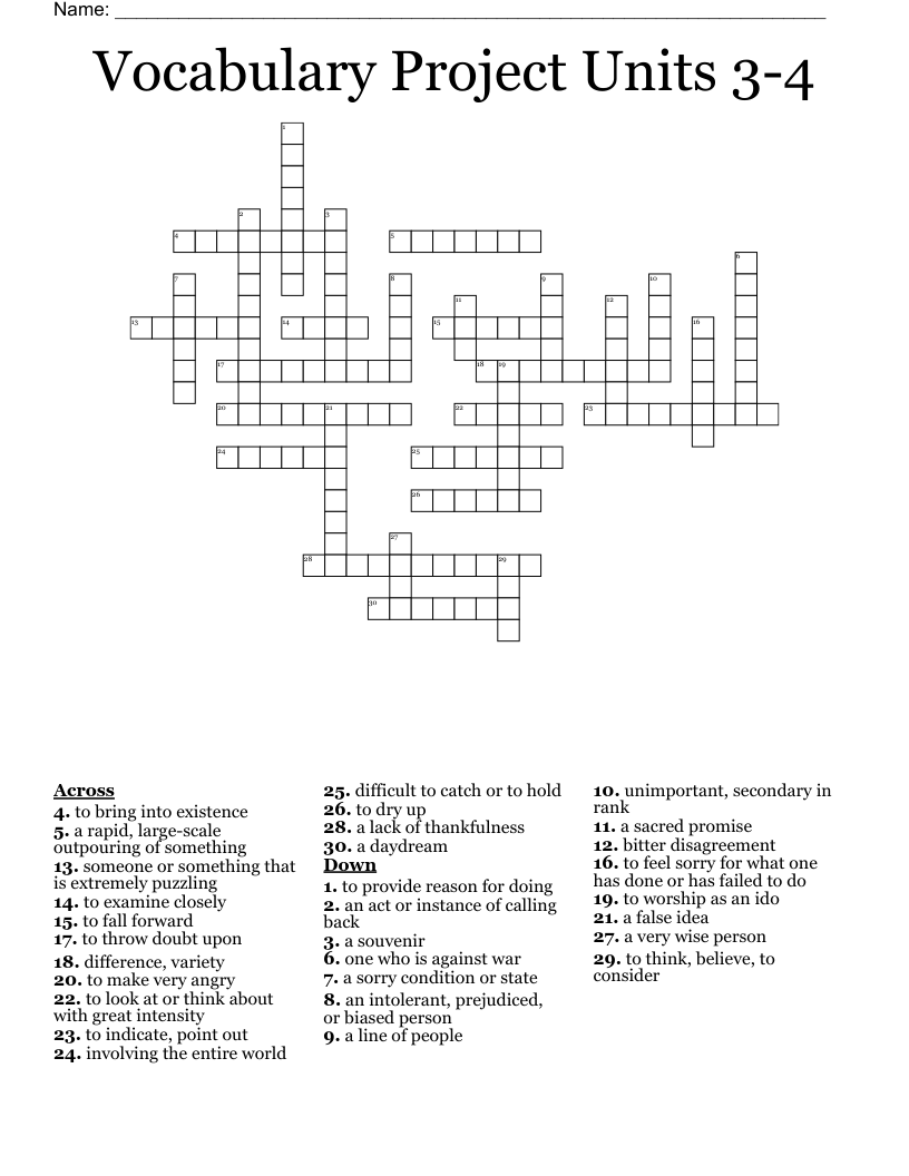 Vocabulary Project Units 3-4 Crossword