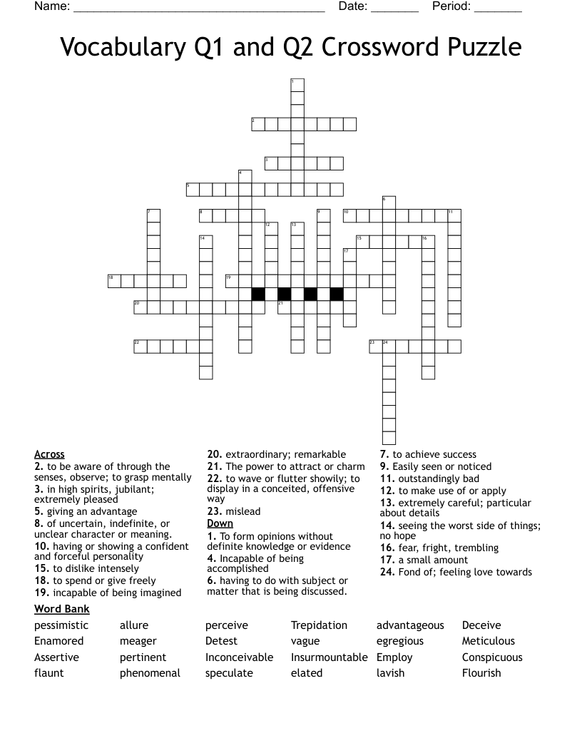 Vocabulary Q1 and Q2 Crossword Puzzle
