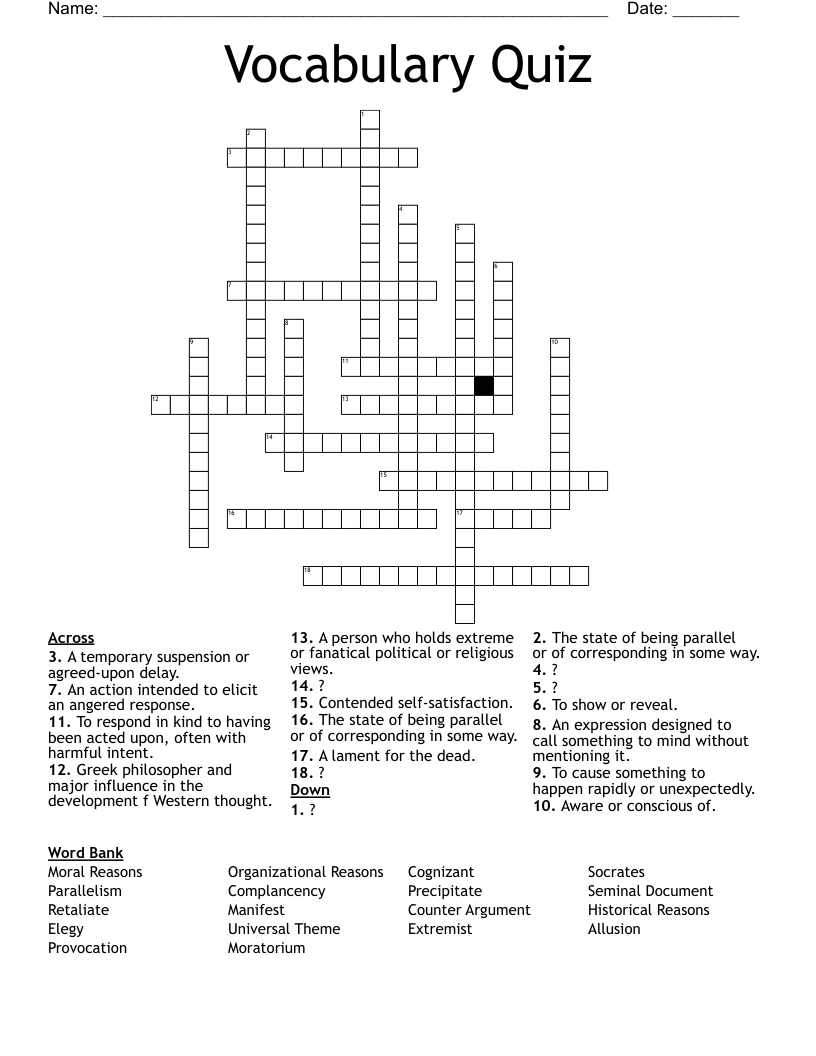 Vocabulary Quiz Crossword