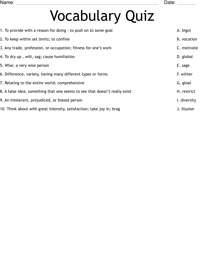 Vocabulary Quiz Worksheet