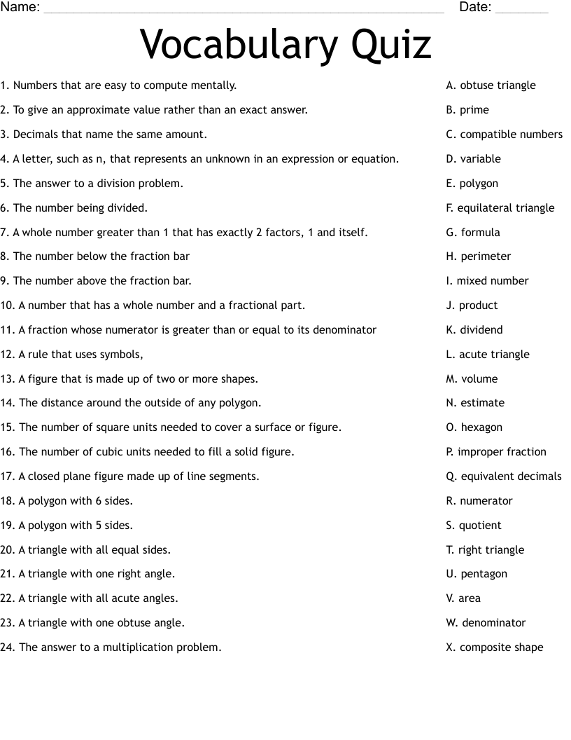 Vocabulary Quiz Worksheet