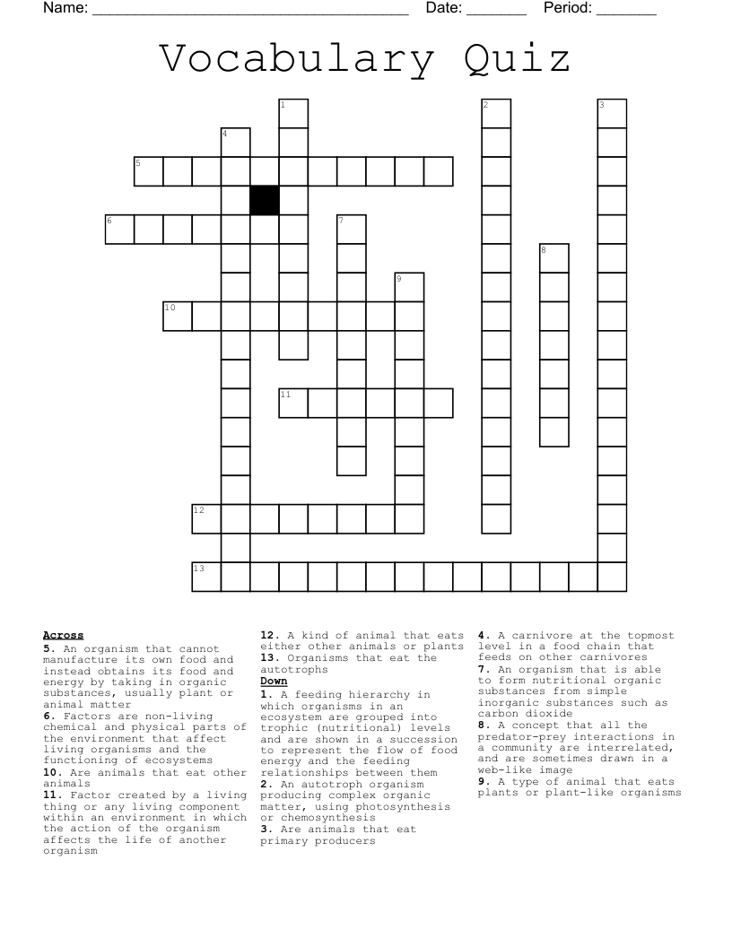 Vocabulary Quiz Crossword