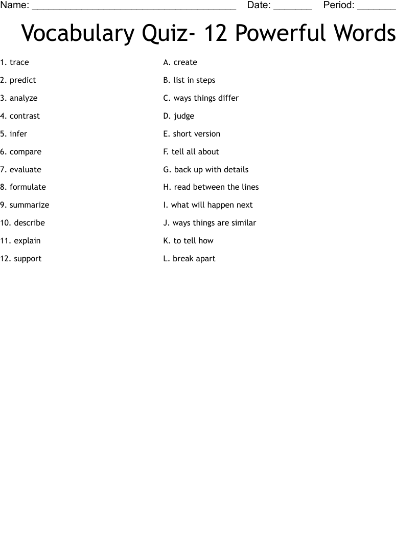 Vocabulary Quiz- 12 Powerful Words Worksheet