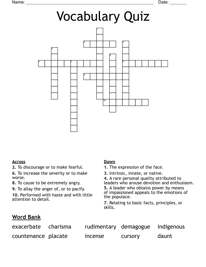Vocabulary Quiz Crossword