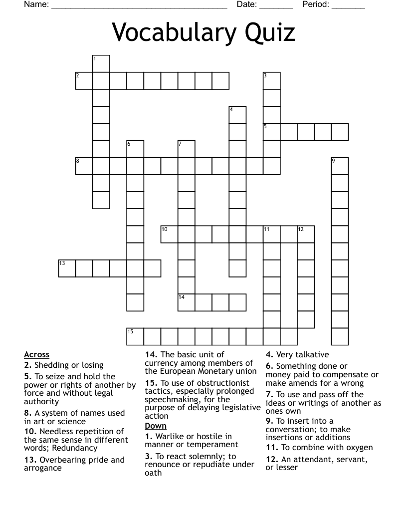 Vocabulary Quiz Crossword