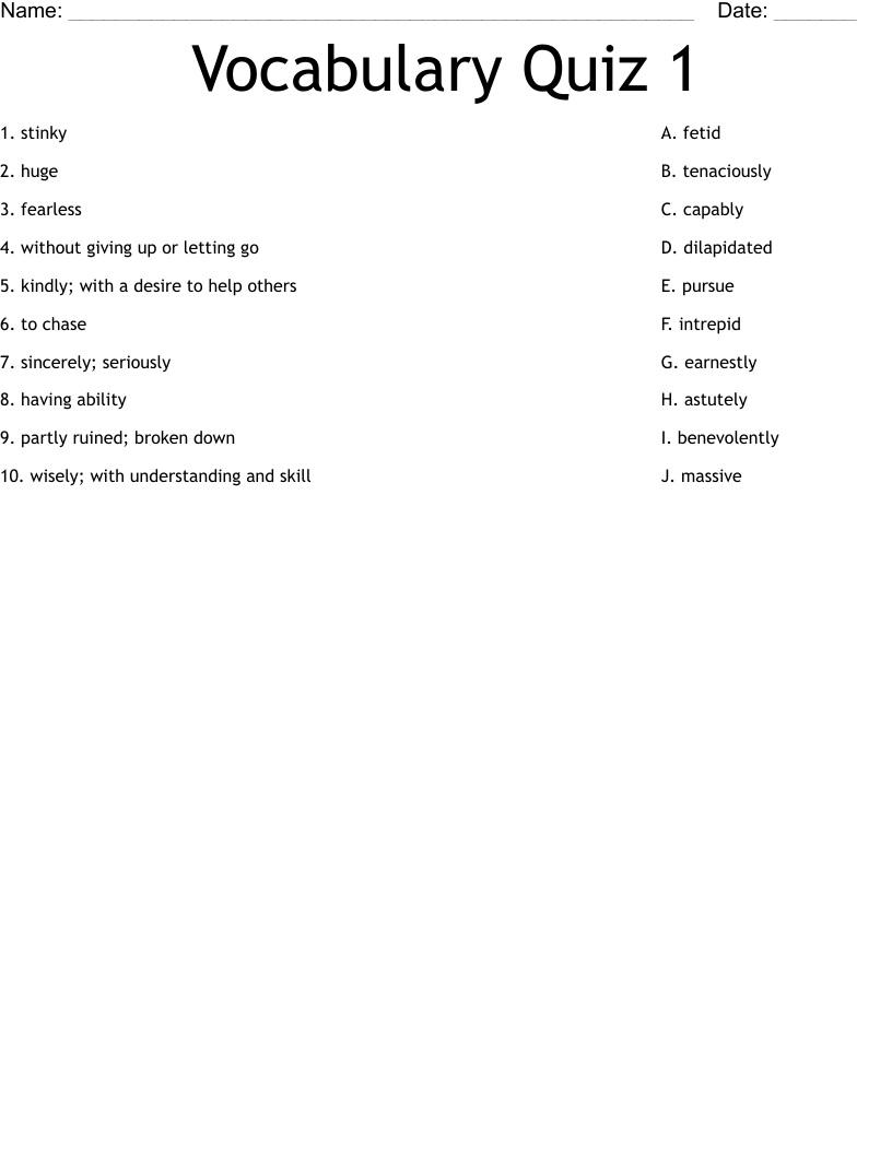 Vocabulary Quiz 1 Worksheet