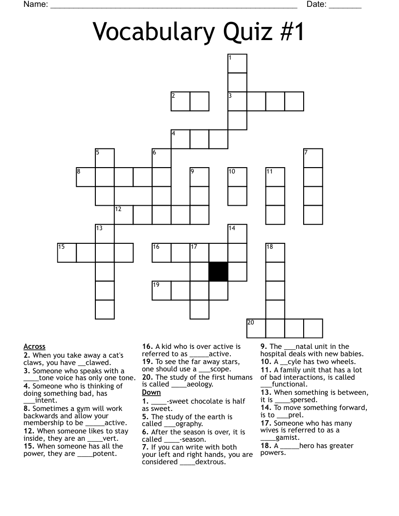 Vocabulary Quiz #1 Crossword