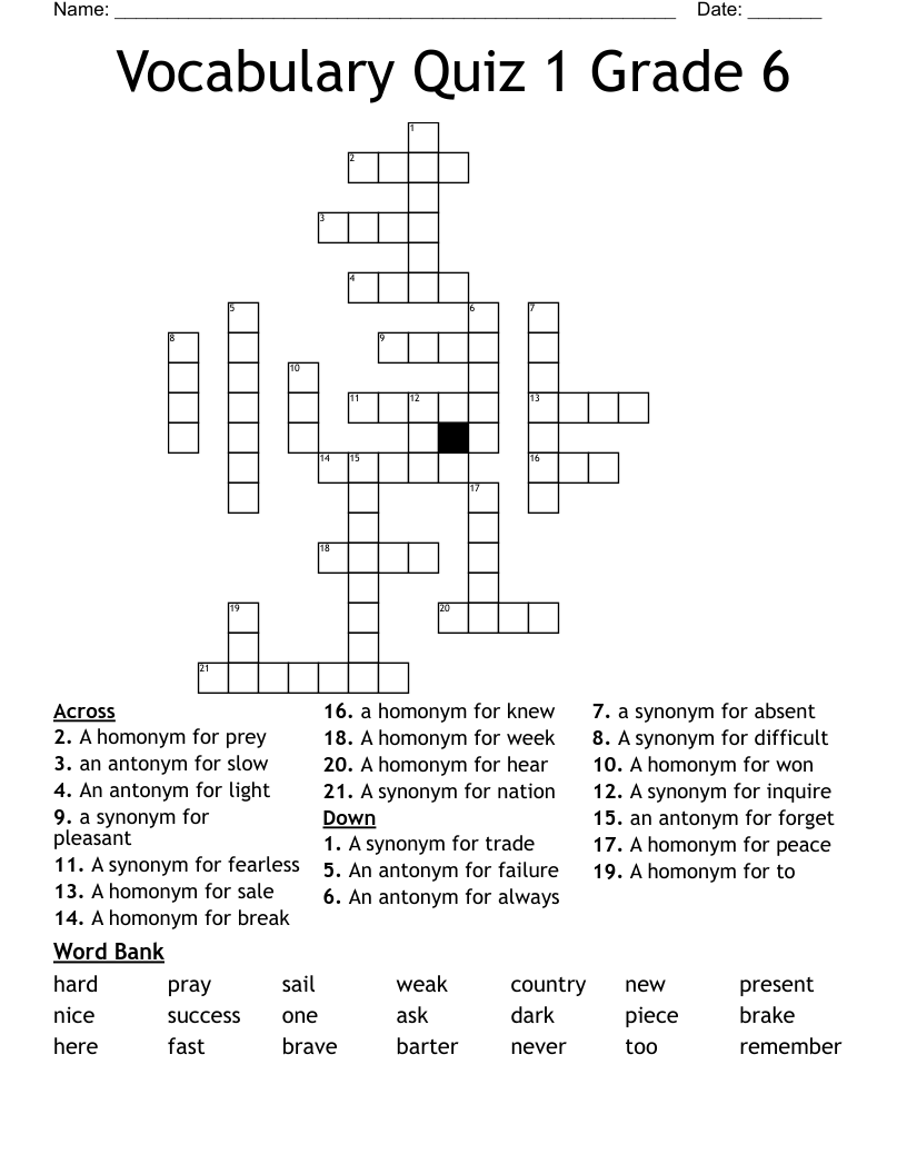 Vocabulary Quiz 1 Grade 6 Crossword