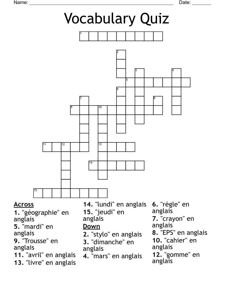 Vocabulary Quiz Crossword