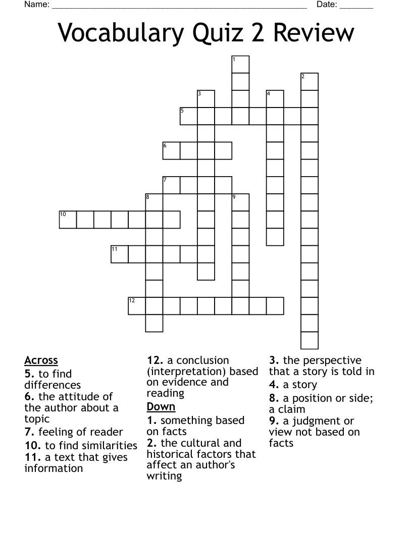 Vocabulary Quiz 2 Review Crossword