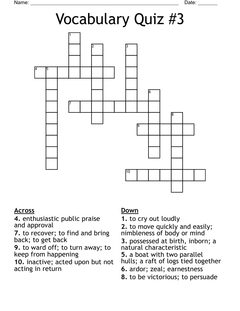 Vocabulary Quiz #3 Crossword