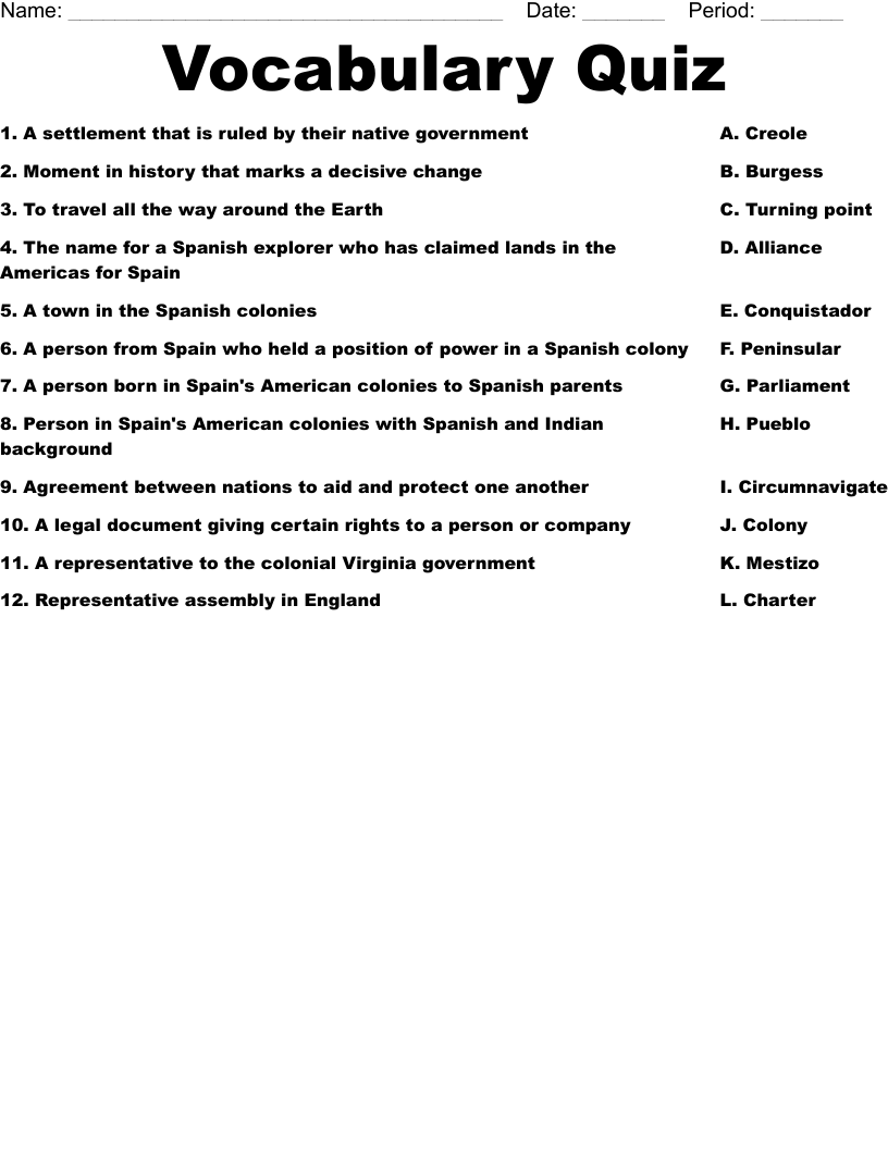 Vocabulary Quiz Worksheet