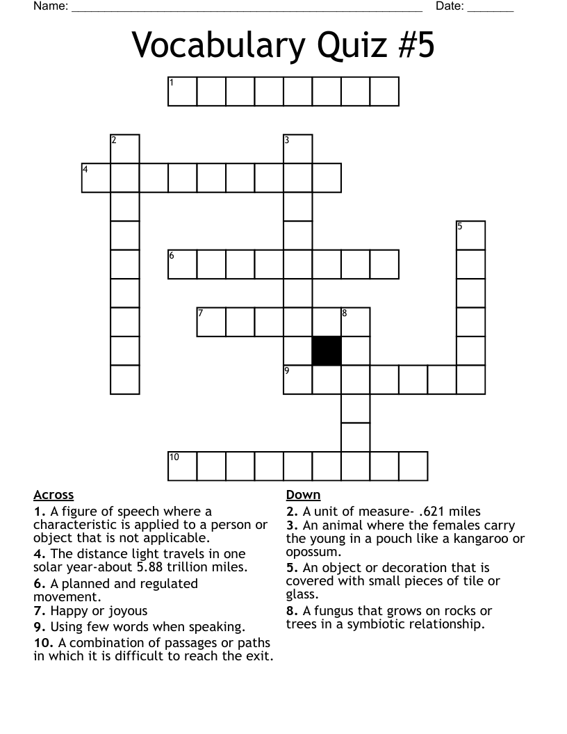 Vocabulary Quiz #5 Crossword
