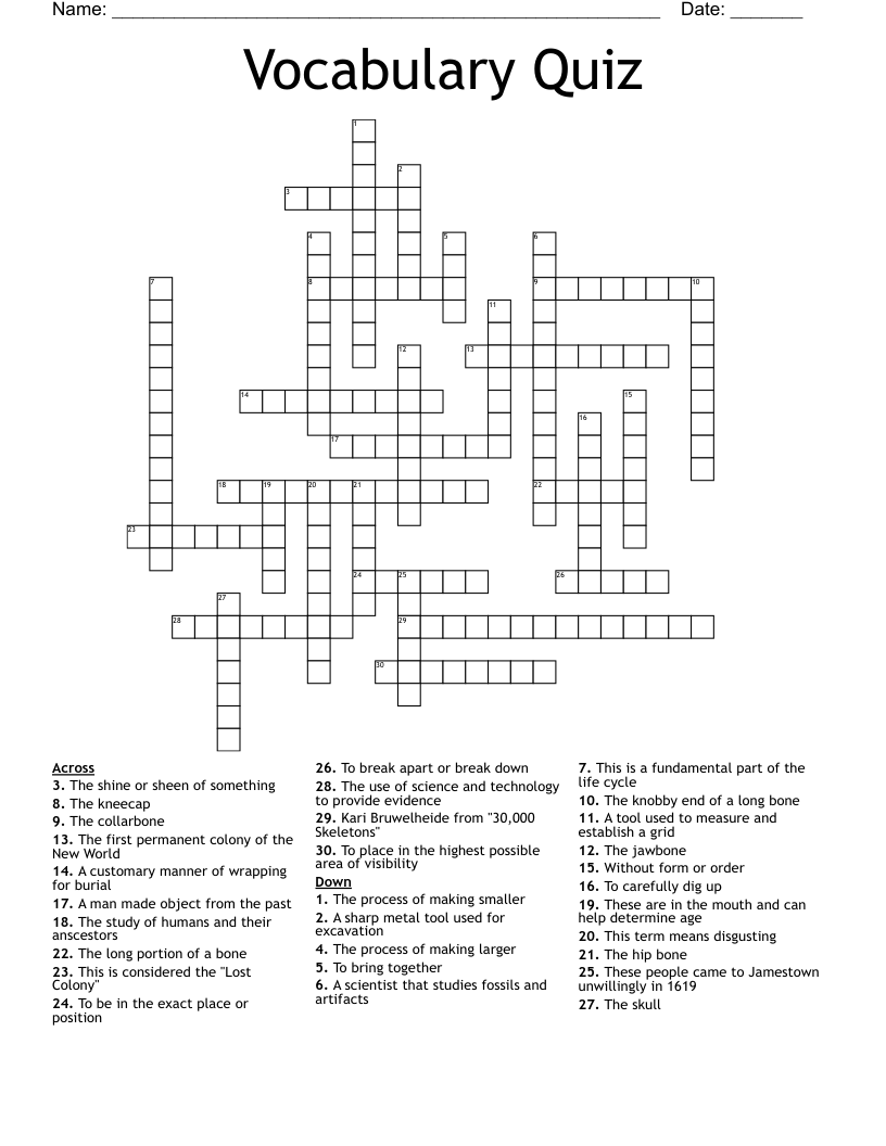 Vocabulary Quiz Crossword