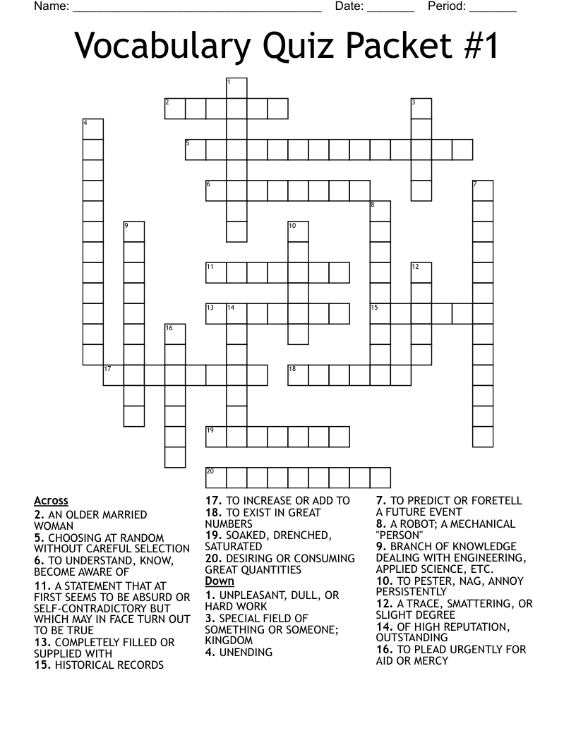 Vocabulary Quiz Packet #1 Crossword