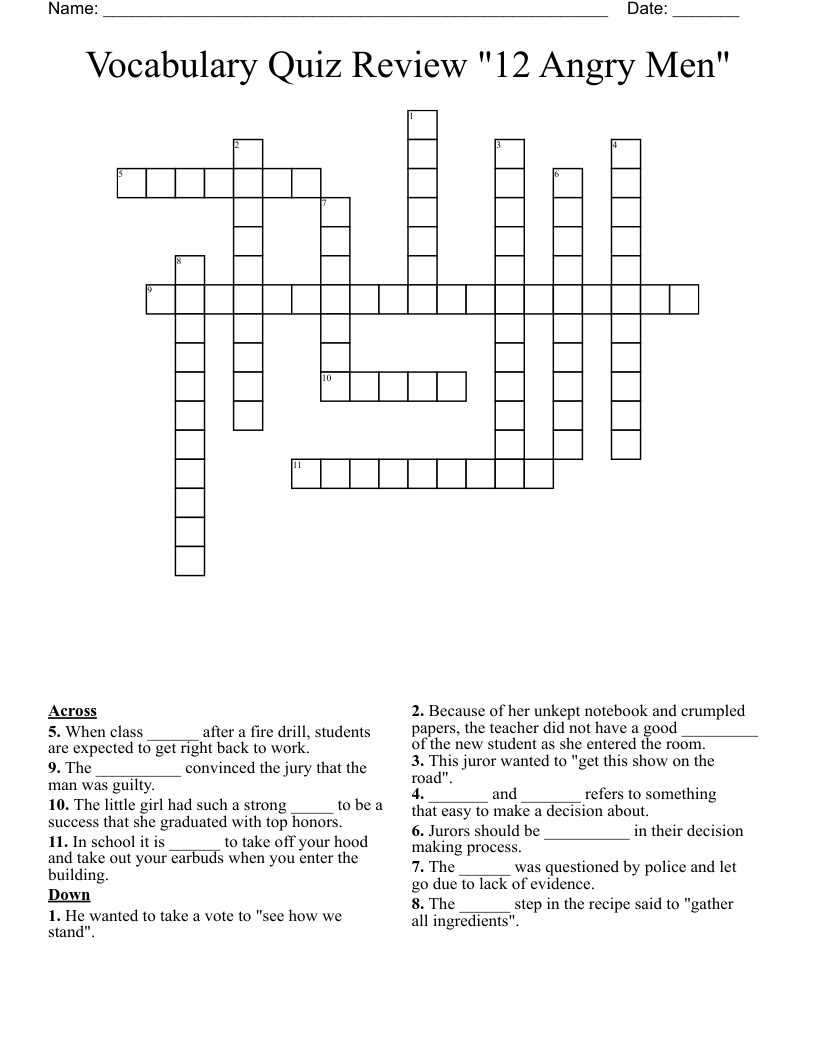 Vocabulary Quiz Review "12 Angry Men" Crossword