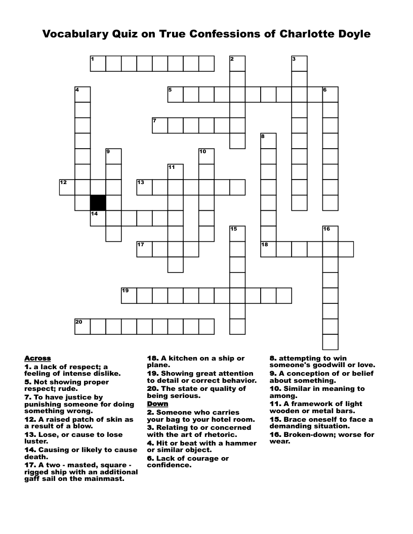 Vocabulary Quiz on True Confessions of Charlotte Doyle Crossword