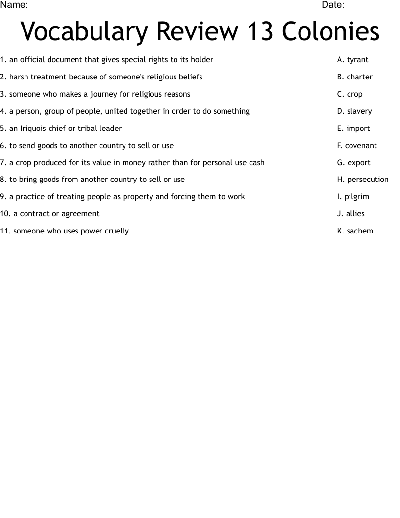 Vocabulary Review 13 Colonies Worksheet