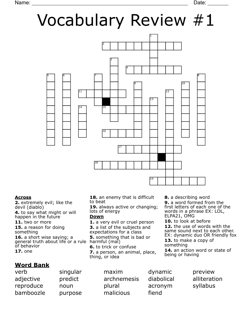 Vocabulary Review #1 Crossword