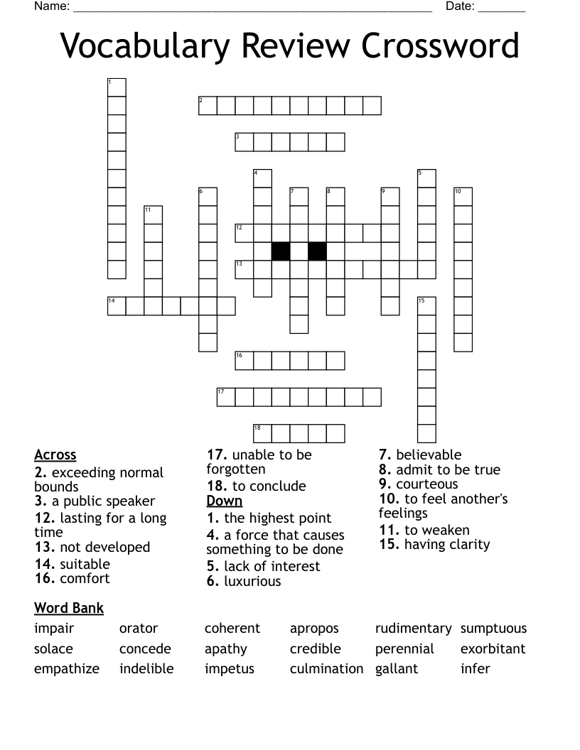 Vocabulary Review Crossword